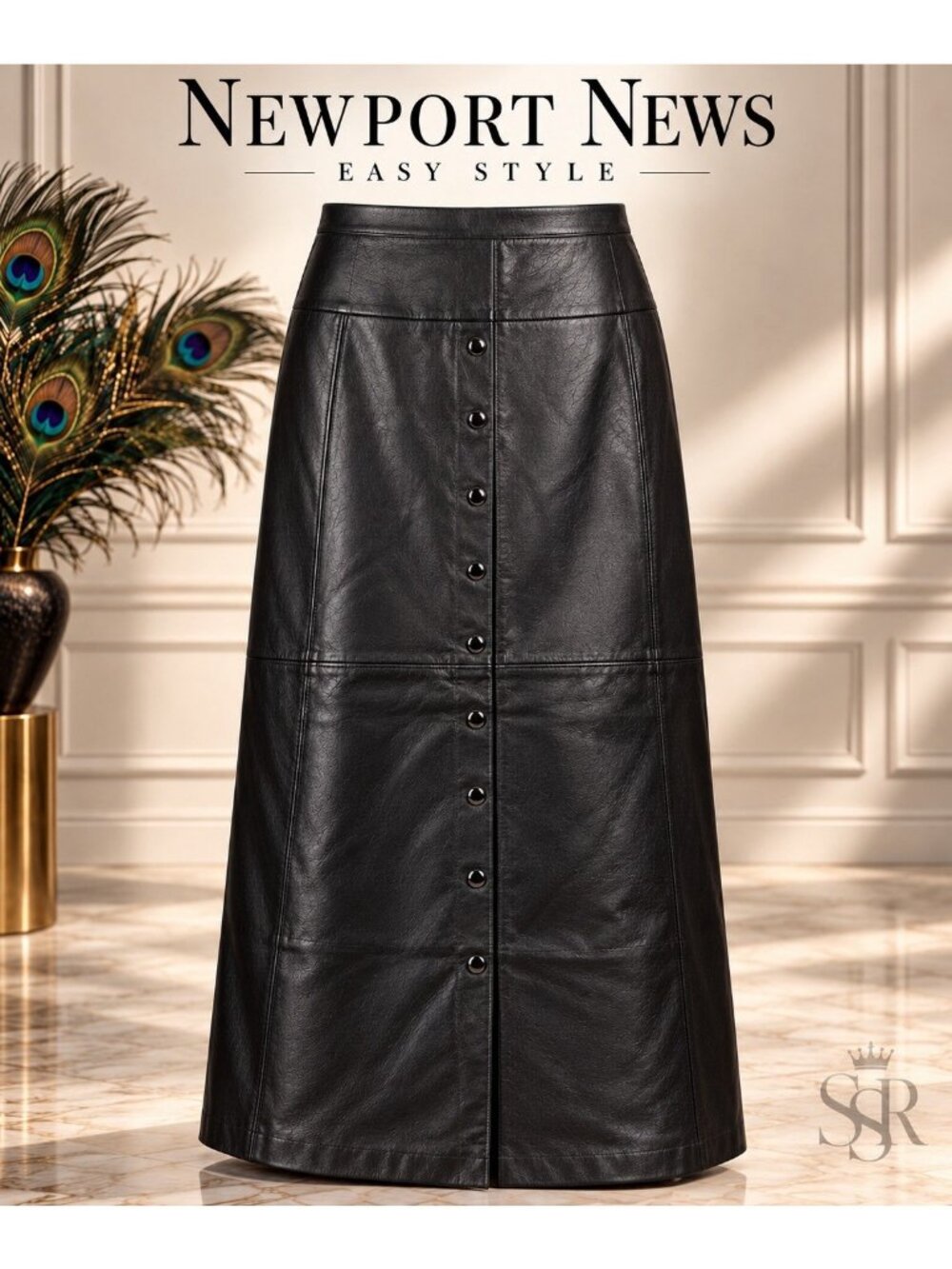 Newport News Easy Style Black Genuine Leather Maxi Skirt Button Front Plus 22